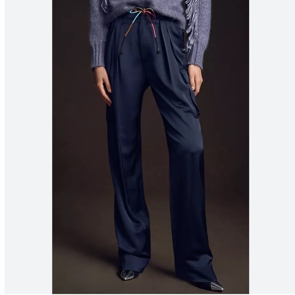 Scotch & Soda Navy Satin Faye Utility Wide-Leg Cargo Pants - Picture 2 of 8